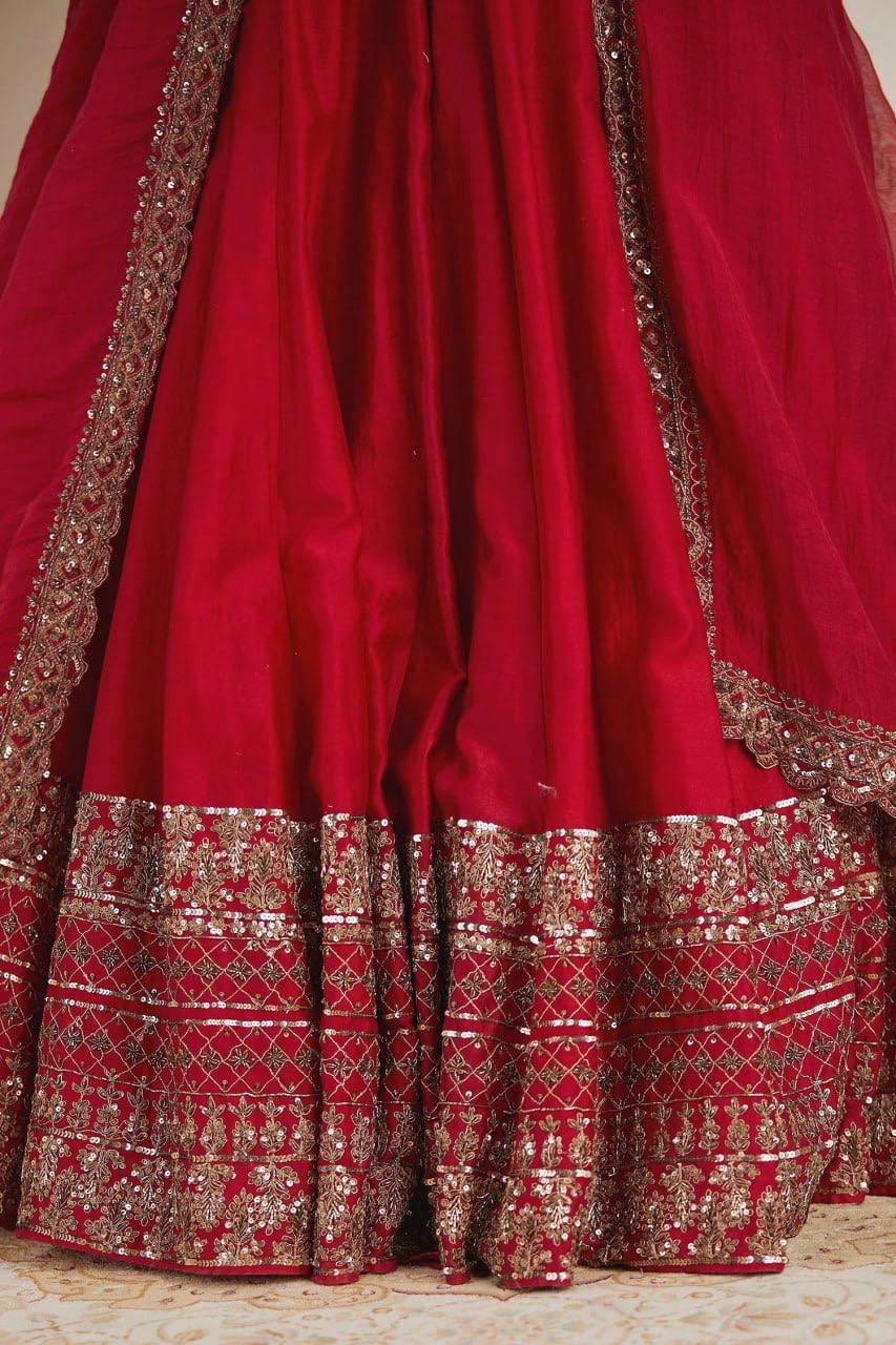 Classic Crimson Red Bridal Lehenga Choli Featuring Opulent Gold Zari Embroidery and Scalloped Borders
